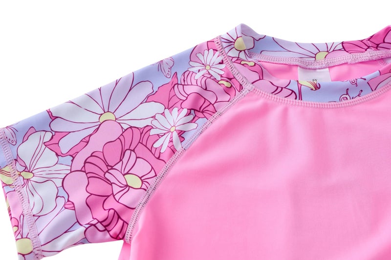 UMELOK Girls Rash Guard Swimwear 2 Pieces Swim Short Sleeve Bathing Suit Rashguard Summer Swimsuit Beach Sets Pink, Dahlia 7Y - Image 5