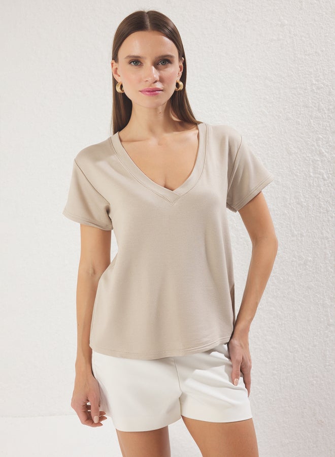 trendyol Beige V Neck Regular Pattern Knitted T-Shirt - Image 2