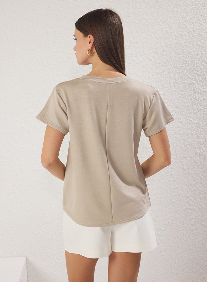 trendyol Beige V Neck Regular Pattern Knitted T-Shirt - Image 4