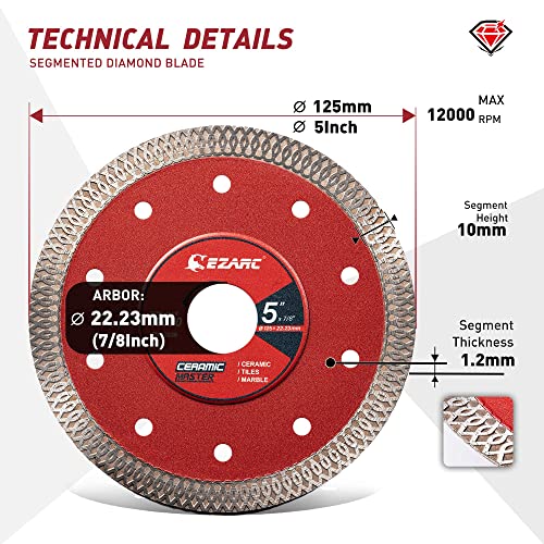 EZARC 5 inch Super Thin Diamond Blade, Diamond Saw Blades for Angle Grinder, 5" Tile Blade for Smooth Cutting Porcelain Ceramic Granite Marble Tile, 7/8"-20mm-5/8 Arbor (2-Pack) - Image 4