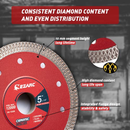 EZARC 5 inch Super Thin Diamond Blade, Diamond Saw Blades for Angle Grinder, 5" Tile Blade for Smooth Cutting Porcelain Ceramic Granite Marble Tile, 7/8"-20mm-5/8 Arbor (2-Pack) - Image 3