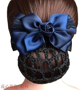 UPSTORE Women Hair Bun Cover Net Snood Hairnet Bowknot Decor Satin Bow Barrette French Hair Clip Bow Ribbon Flower Hair Accessories For Banks Hotels Restaurant Staff Blue - Image 5