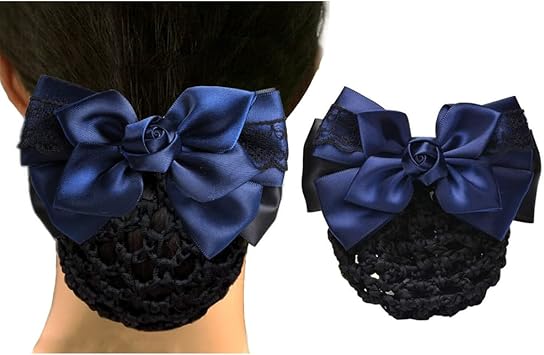 UPSTORE Women Hair Bun Cover Net Snood Hairnet Bowknot Decor Satin Bow Barrette French Hair Clip Bow Ribbon Flower Hair Accessories For Banks Hotels Restaurant Staff Blue - Image 1