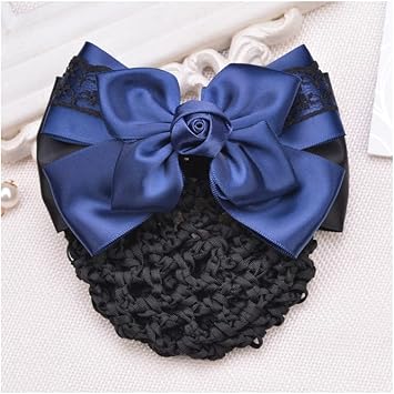 UPSTORE Women Hair Bun Cover Net Snood Hairnet Bowknot Decor Satin Bow Barrette French Hair Clip Bow Ribbon Flower Hair Accessories For Banks Hotels Restaurant Staff Blue - Image 2