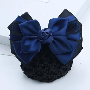 UPSTORE Women Hair Bun Cover Net Snood Hairnet Bowknot Decor Satin Bow Barrette French Hair Clip Bow Ribbon Flower Hair Accessories For Banks Hotels Restaurant Staff Blue - Image 3
