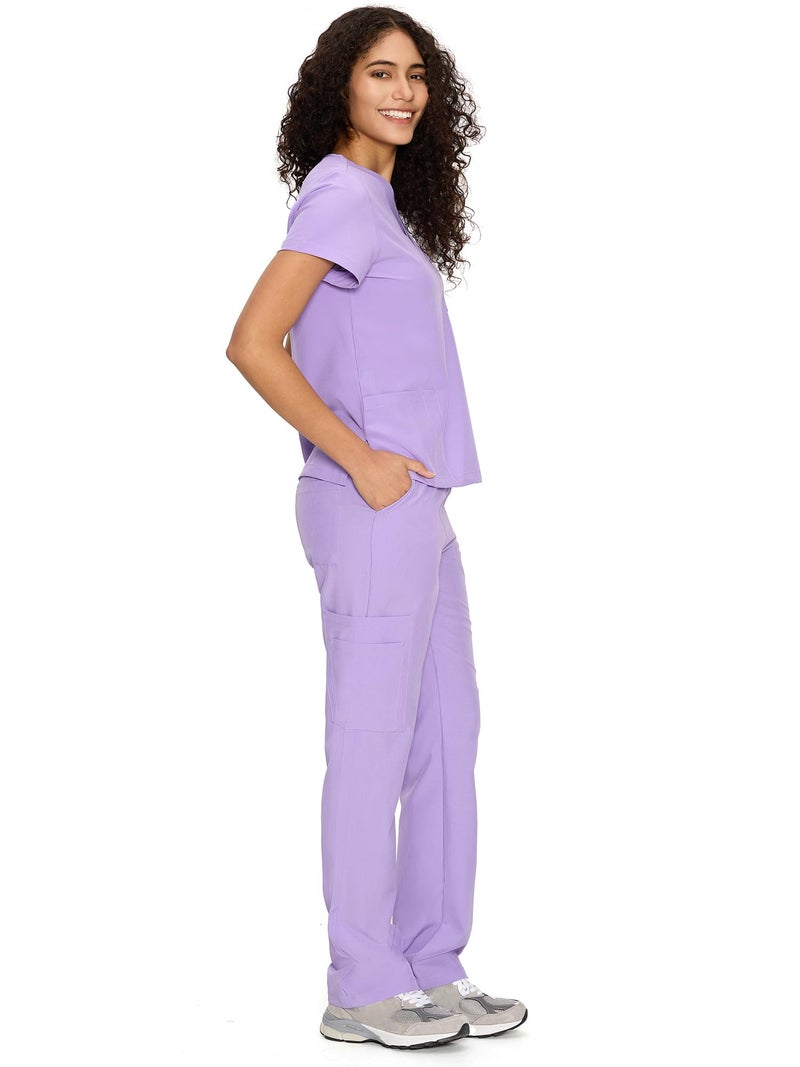 COZYFIT Scrubs for Women Set Medical Uniform - V-Neck Top & Straight Leg Pants with 9 Pockets, Unisex Workwear COZY SCRUBS, Light Purple, M, Petite - Image 3