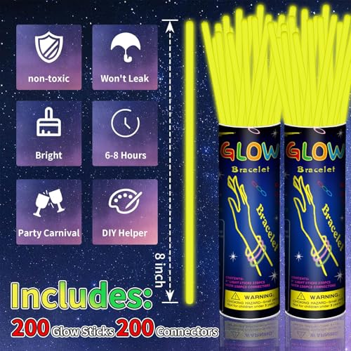 Taikula 200 Pack 8 Glow Sticks Bulk Party Favors Yellow Light Up Sticks with Connectors Neon Glow in the Dark Party Supplies Bracelets for Holiday Birthday Party DecorationYellow - Image 5