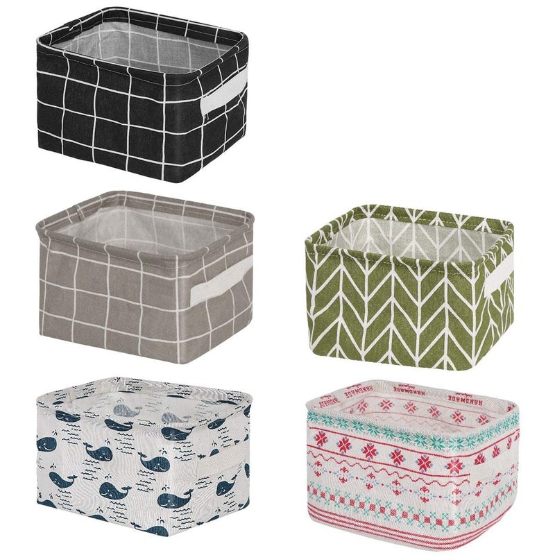 XAMILE Foldable Mini Square Storage Basket Set Of 5 Small Collapsible Canvas Containers Organizers With HandleCotton BlackWhiteGreyBlueGreenMulticolor - Image 1