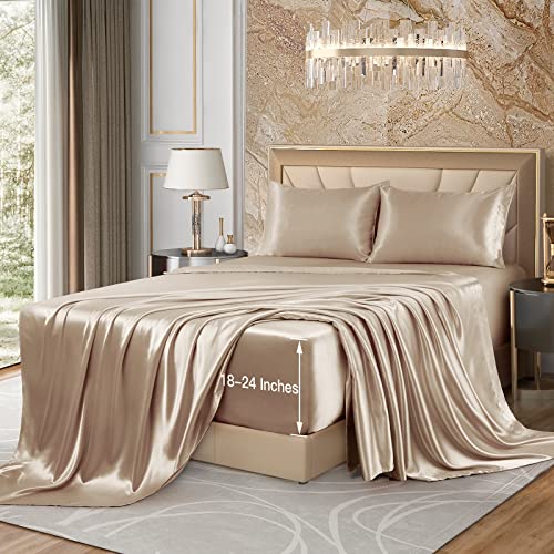 VACVELT 4pcs Extra Deep Pocket Queen Size Bed Set, Beige Satin Sheet Set Fit 18-24 Inch Deep Pocket Mattress, Silky & Luxury Satin Bedding Set Soft & Ultra Deep Fitted Sheet Set - Image 4