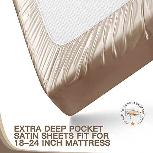 VACVELT 4pcs Extra Deep Pocket Queen Size Bed Set, Beige Satin Sheet Set Fit 18-24 Inch Deep Pocket Mattress, Silky & Luxury Satin Bedding Set Soft & Ultra Deep Fitted Sheet Set - Image 5