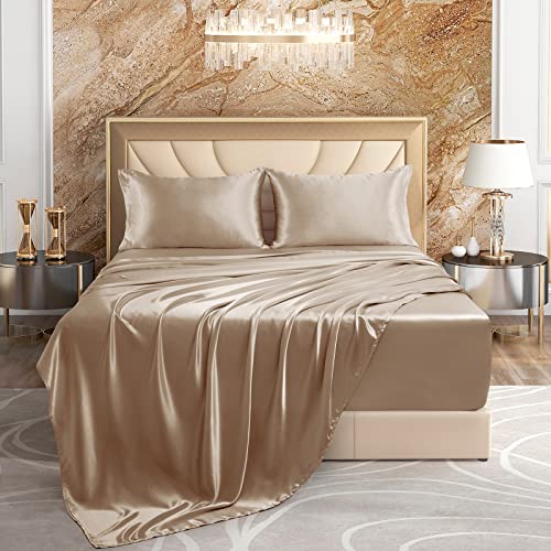 VACVELT 4pcs Extra Deep Pocket Queen Size Bed Set, Beige Satin Sheet Set Fit 18-24 Inch Deep Pocket Mattress, Silky & Luxury Satin Bedding Set Soft & Ultra Deep Fitted Sheet Set - Image 2