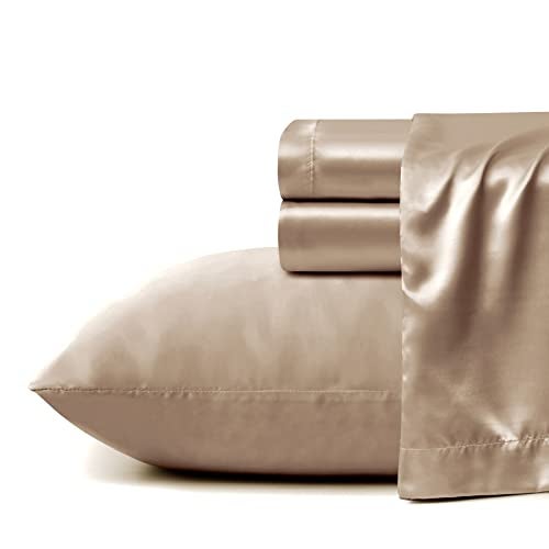 VACVELT 4pcs Extra Deep Pocket Queen Size Bed Set, Beige Satin Sheet Set Fit 18-24 Inch Deep Pocket Mattress, Silky & Luxury Satin Bedding Set Soft & Ultra Deep Fitted Sheet Set - Image 3
