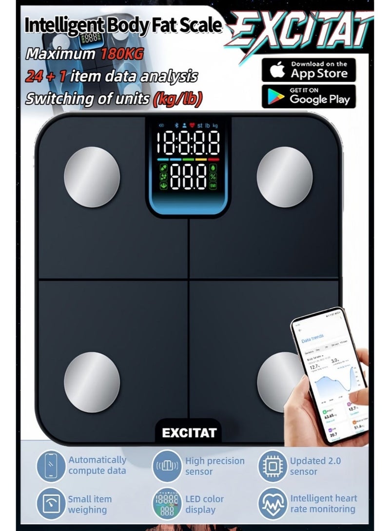 excitat Bluetooth Body Fat Scale, Smart home, Smart Digital Bathroom Weight Weighing Scales with Color Display Screen, 25 Body Composition Analyzer Including BMI, Body Fat, Muscle, Bone and Visceral Fat Index,Health Monitor Sync Apps, Black - Image 1