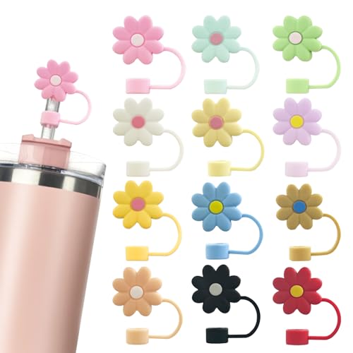 Velaco 12PCS Silicone Straw Covers Cap Compatible with Stanley 30&40 Oz Cup, 10mm Cute Flower Straw Toppers for Tumblers, Dust-Proof Drinking Straw Caps for Reusable Straws Tips Lids - Image 1