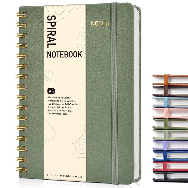 PAPEJOON Dotted Spiral Journal Notebook, A5 Hardcover Spiral Journals for Women Men, 100 GSM Dot Grid Paper Notebooks, 150 Pages Spiral Bullet Dotted Notebook for Writing Note Taking 5.75" x 8.38", Sage Green - Image 1