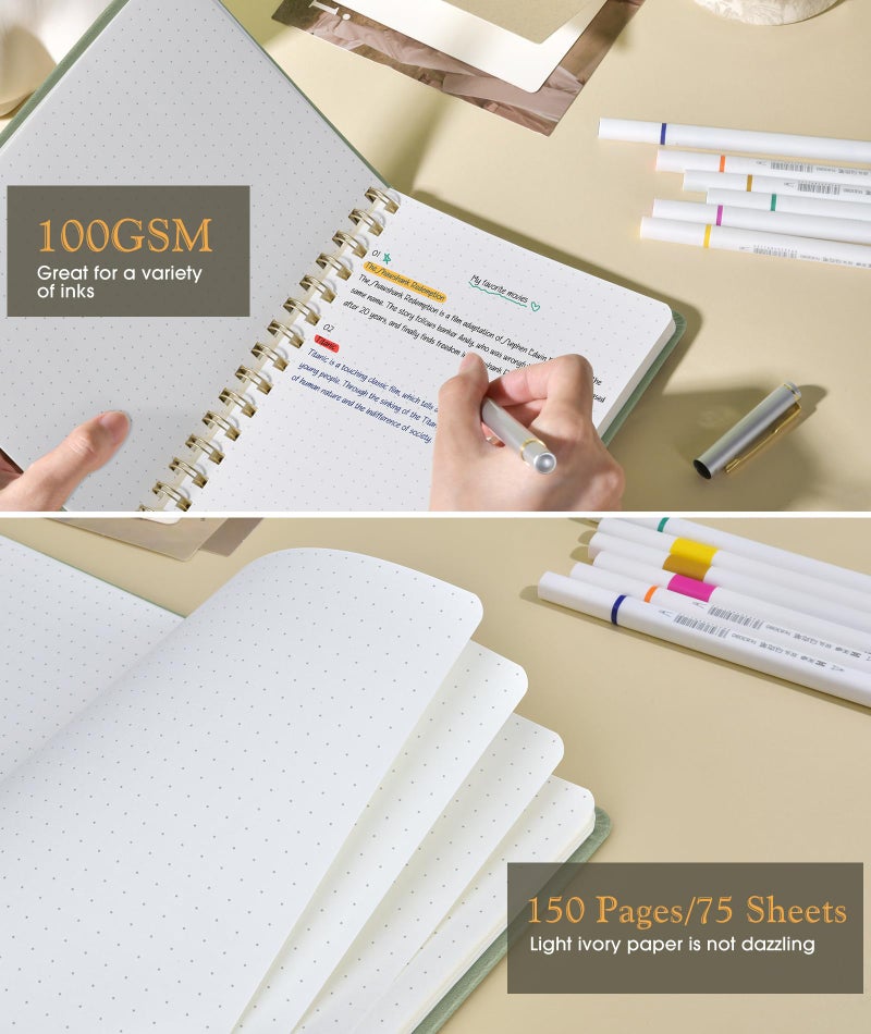 PAPEJOON Dotted Spiral Journal Notebook, A5 Hardcover Spiral Journals for Women Men, 100 GSM Dot Grid Paper Notebooks, 150 Pages Spiral Bullet Dotted Notebook for Writing Note Taking 5.75" x 8.38", Sage Green - Image 4