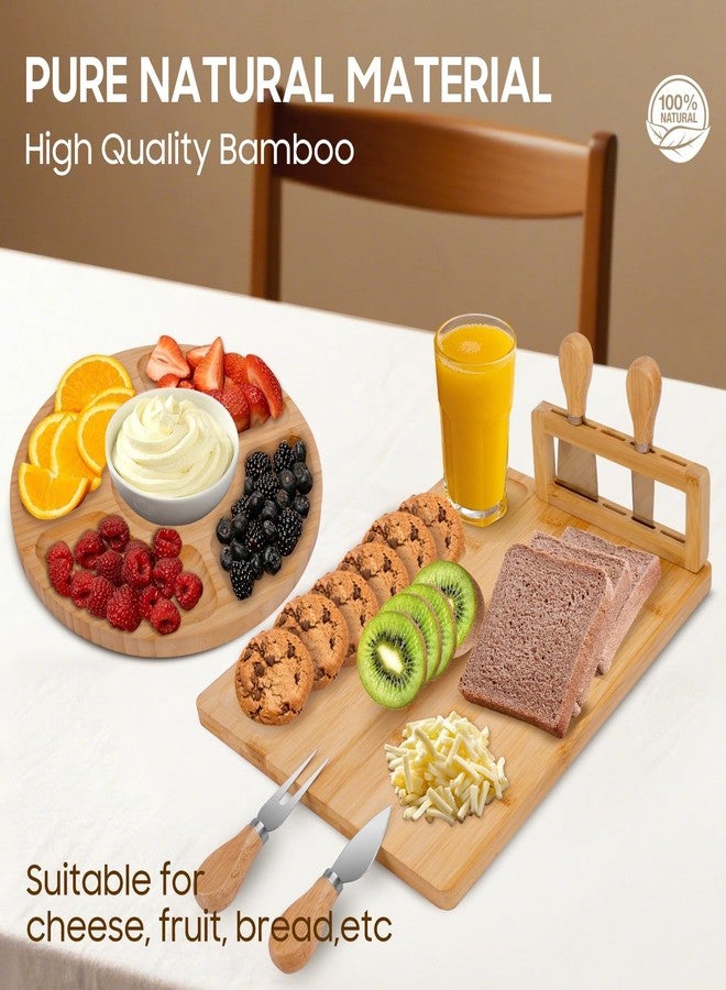 TURIMON Bamboo Charcuterie Board Set - Cheese Serving Platter with 4 Stainless Steel Knives and Fruit Tray - Elegant Cheese Board for Parties, Weddings, and Home Entertaining - Image 2