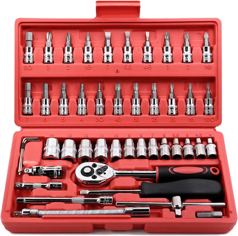 Egofine 46 Pieces 14 inch Drive Socket Ratchet Wrench Set with Bit Socket Set Metric and Extension Bar for Auto Repairing and Household with Storage Case