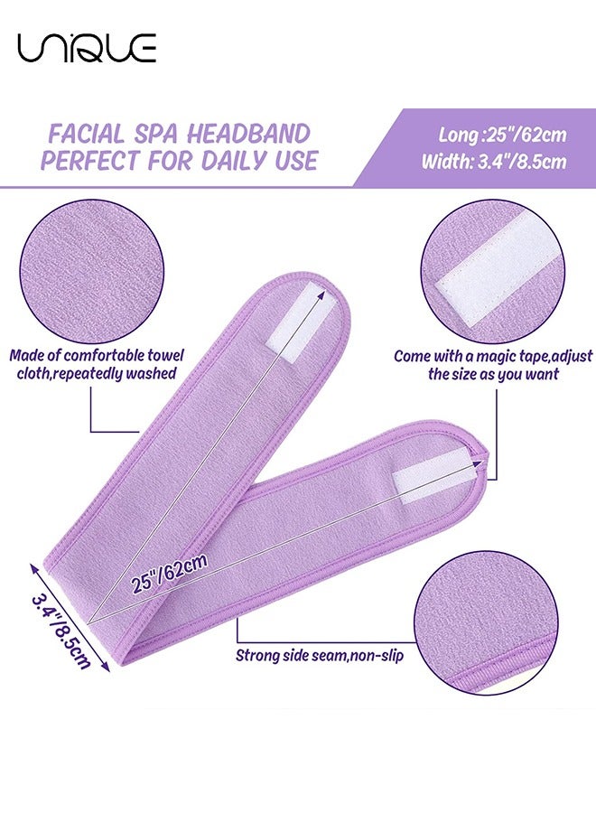 يونيك 3 قطع سبا الوجه عقال ، شريط لاصق ذاتي التفاف الرأس ماكياج دش حمام الرياضة التفاف تيري القماش قابل للتعديل تمتد منشفة للنساء غسل الوجه دش اليوغا الرياضية (الأرجواني والوردي والأزرق) - Image 2