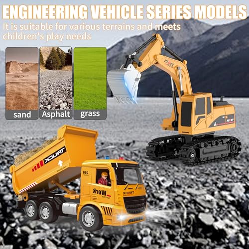 MQDMINI Remote Control Excavator and Dump Truck Toy Set RC Construction Vehicles Toy with Barricades Road Signs Simulated Rocks Lights and Sounds Birthday Gifts for Toddlers 312 year Boys Girls - Image 5