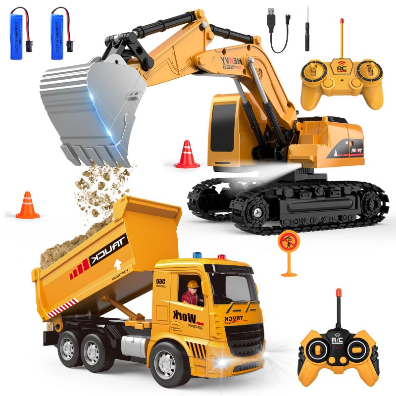 MQDMINI Remote Control Excavator and Dump Truck Toy Set RC Construction Vehicles Toy with Barricades Road Signs Simulated Rocks Lights and Sounds Birthday Gifts for Toddlers 312 year Boys Girls - Image 2