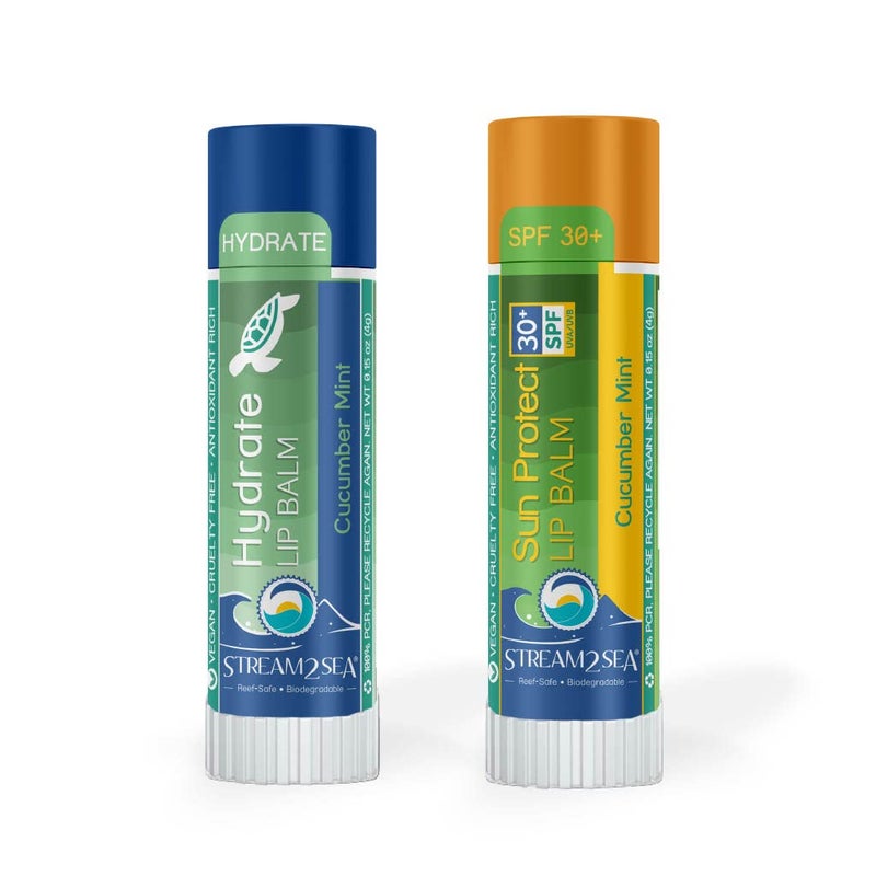 STREAM 2 SEA Cucumber Mint Lip Balm Set, Reef Safe SPF 30 and Hydrate Organic Lip Balms, Moisturizing Indoor + Sun Protect Outdoor Lip Balm For Beach and Sports, Paraben Free, Cruelty Free Lip Care