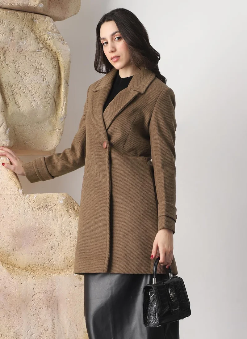 Globus Globus Women Beige Notched Lapel Long Sleeves Striped Self Design 2 Pockets Hip Length Winterwear Overcoat