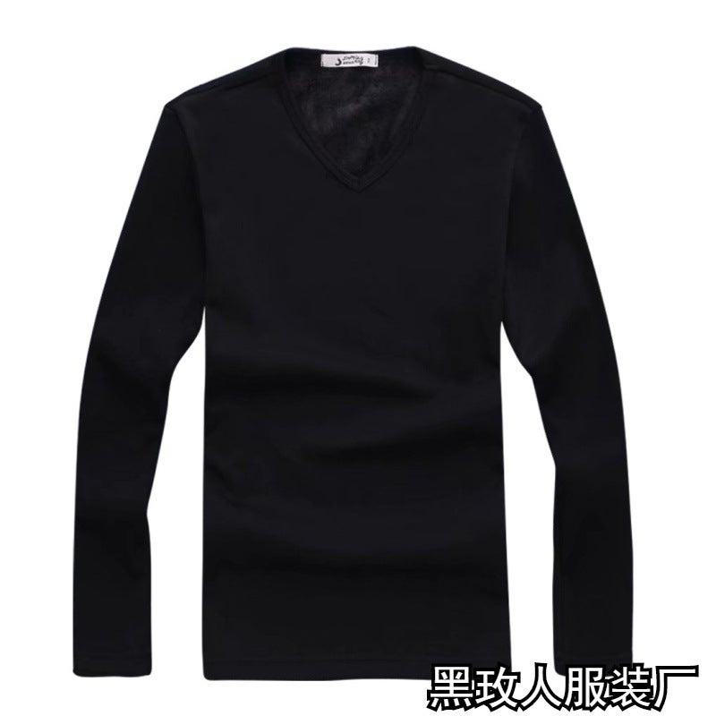 Men'S Velvet Thickeneded Long-Sleeved T-Shirt Pure Color Casual Bottoming Shirt Korean Style Slim Round Neck Warm Top - Image 2
