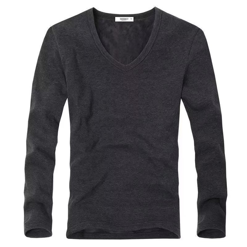 Men'S Velvet Thickeneded Long-Sleeved T-Shirt Pure Color Casual Bottoming Shirt Korean Style Slim Round Neck Warm Top - Image 1