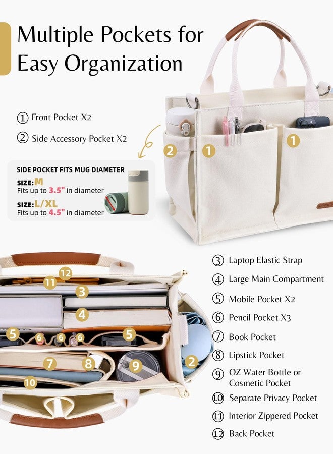 BESBESME حقيبة تسوق قماشية من BESBESME للنساء مزودة بسحاب وأقسام - حقيبة كتف كبيرة للعمل والدراسة، لون بيج، مقاس متوسط، أنيقة - Image 3