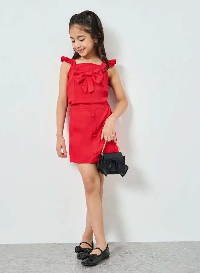 Styli Girls Red Bow Detail Top and Skirt Set