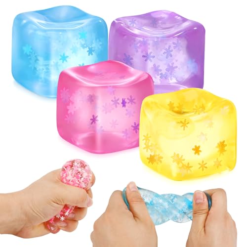 Siwarm Fidget Toy Stress Cube 4 Pack Sensory Squeeze Toys Slow Rising Squishy Cube Filled with Thick Substance and Snowflakes Crafts Anxiety Stress Relief Calming Tool for Adults and Kids - Image 1