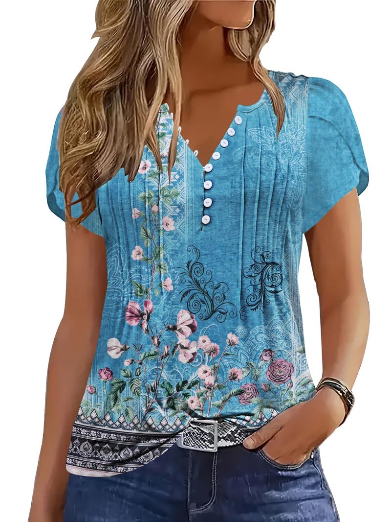 Disamer Summer Tops for Women Petal Short Sleeve Shirts Dressy Pleated Tunic 2026 Casual V Neck Button Down Blouses,Floral Blue,Large - Image 1