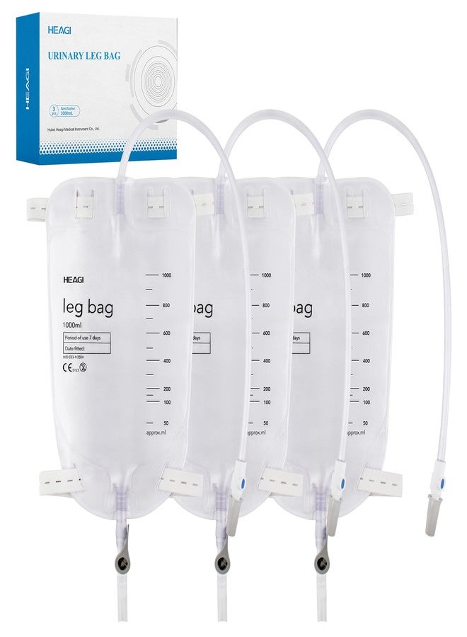 Heagimed 3 Pack Catheter Bags, 1000mL/33.8oz, Easy-Tap Leg Bag Urinary Drainage Bag, Anti-Reflux Valve with Cloth Foot Straps, Advanced Flip Drain for Easy Disposal, Foley Leg Bag for Men & Women, 18” Tubing - Image 1