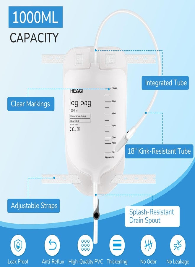 Heagimed 3 Pack Catheter Bags, 1000mL/33.8oz, Easy-Tap Leg Bag Urinary Drainage Bag, Anti-Reflux Valve with Cloth Foot Straps, Advanced Flip Drain for Easy Disposal, Foley Leg Bag for Men & Women, 18” Tubing - Image 2