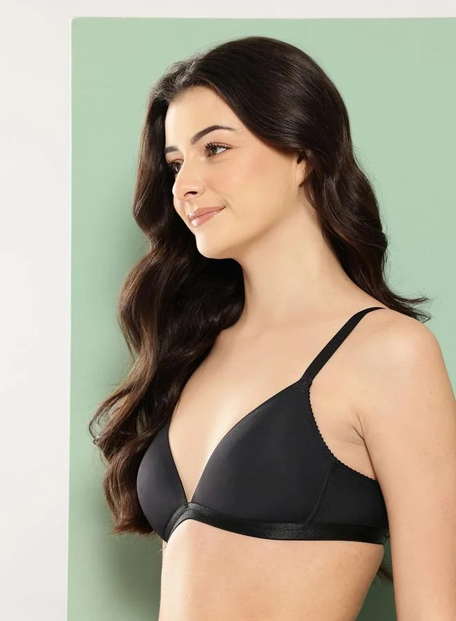 Leading Lady Black Solid Lightly Padded Non Wired Plunge Bra