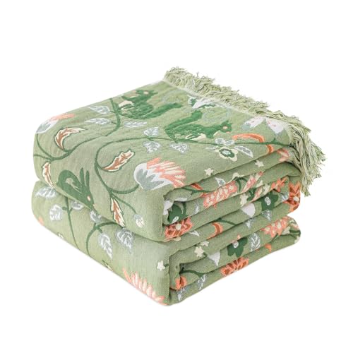 LUTBM Boho Throw Blanket for Bed 100% Cotton Ultra Soft Rustic Quilt Farmhouse Decor Bed Fall Blankets,All Season Rustic Throw for Sofa Couch Chair (Green World, 60"×80") - Image 1