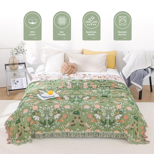 LUTBM Boho Throw Blanket for Bed 100% Cotton Ultra Soft Rustic Quilt Farmhouse Decor Bed Fall Blankets,All Season Rustic Throw for Sofa Couch Chair (Green World, 60"×80") - Image 3