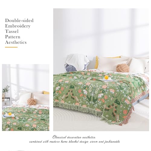 LUTBM Boho Throw Blanket for Bed 100% Cotton Ultra Soft Rustic Quilt Farmhouse Decor Bed Fall Blankets,All Season Rustic Throw for Sofa Couch Chair (Green World, 60"×80") - Image 5
