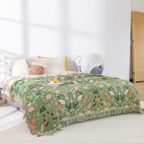 LUTBM Boho Throw Blanket for Bed 100% Cotton Ultra Soft Rustic Quilt Farmhouse Decor Bed Fall Blankets,All Season Rustic Throw for Sofa Couch Chair (Green World, 60"×80") - Image 2