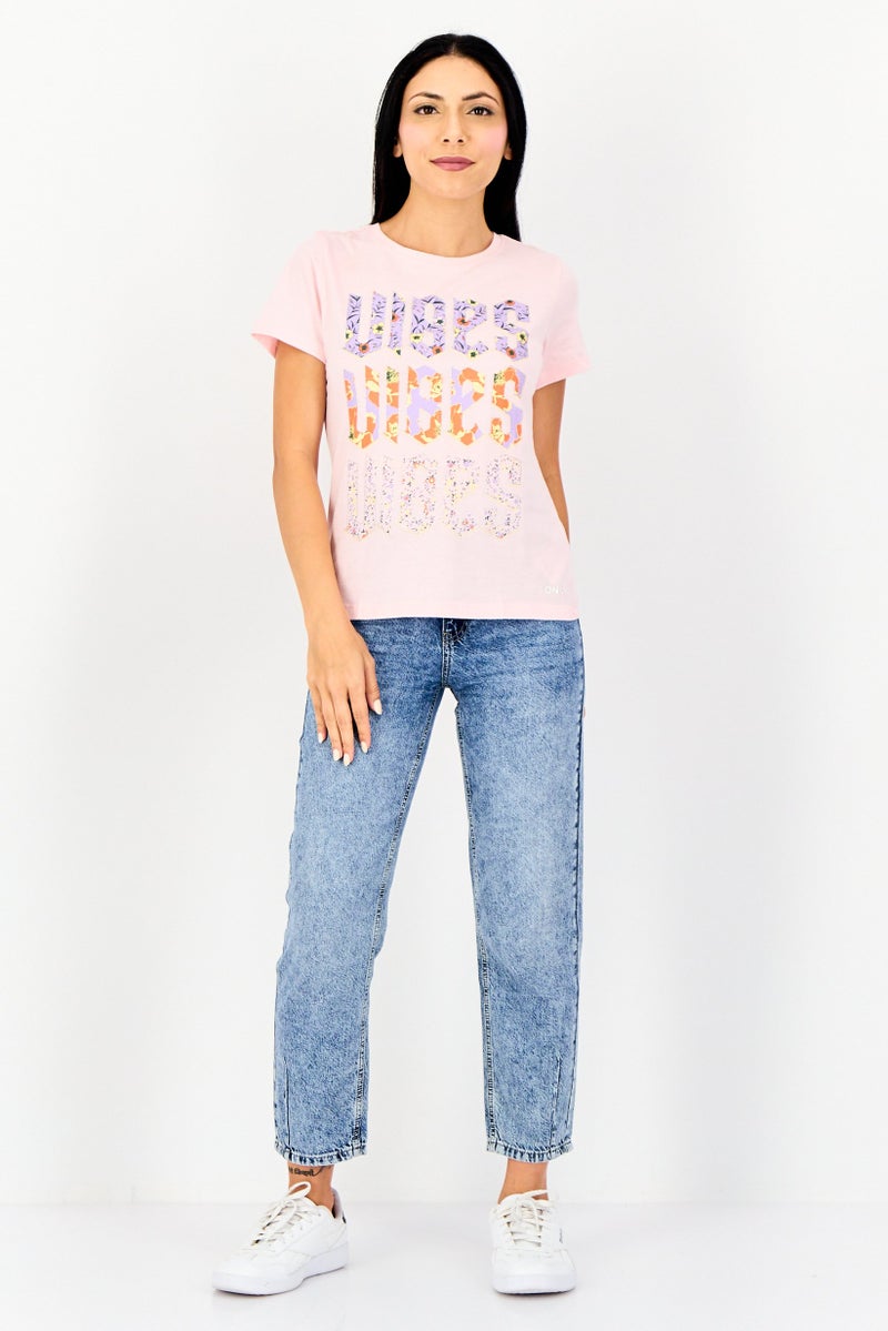 ONLY Women Crew Neck Short Sleeve Graphic Print T-Shirt, Pink - Image 4