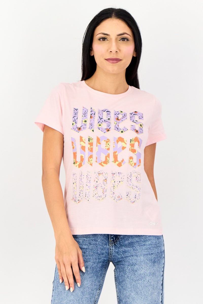 ONLY Women Crew Neck Short Sleeve Graphic Print T-Shirt, Pink - Image 1