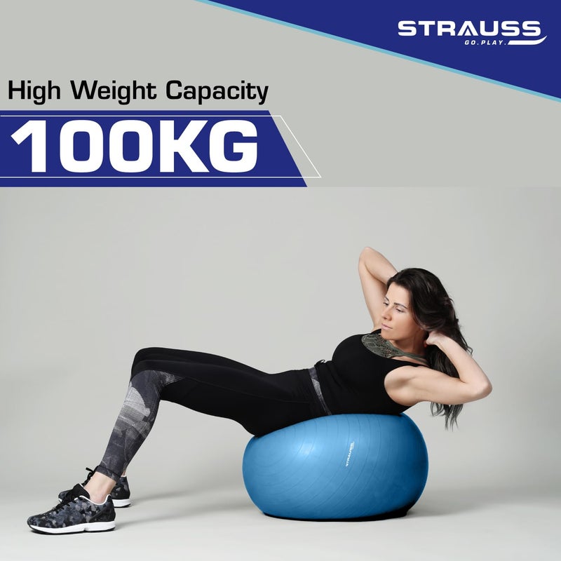 STRAUSS كرة جيم مطاطية مضادة للانفجار مع مضخة هواء مجانية | كرة سويسرية على شكل دائري للتمارين، التمارين الرياضية، اليوغا، الحمل، الولادة، التوازن والثبات، 65 سم، (زرقاء) - Image 4