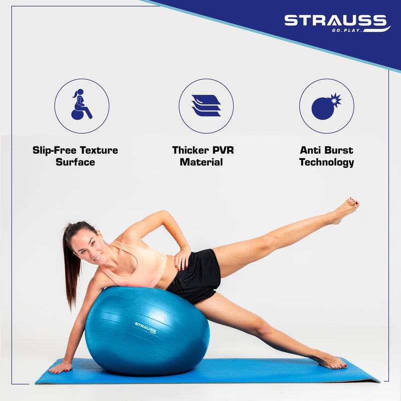 STRAUSS كرة جيم مطاطية مضادة للانفجار مع مضخة هواء مجانية | كرة سويسرية على شكل دائري للتمارين، التمارين الرياضية، اليوغا، الحمل، الولادة، التوازن والثبات، 65 سم، (زرقاء) - Image 2