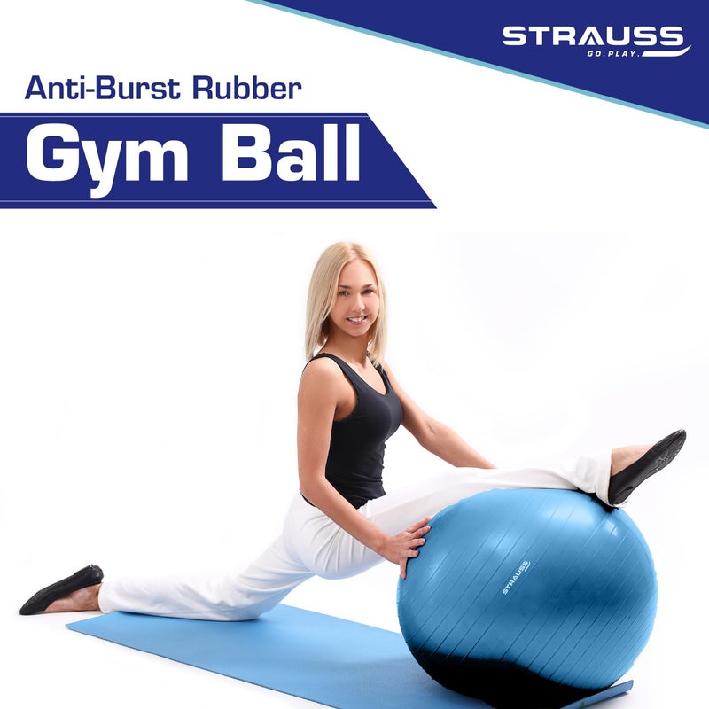STRAUSS كرة جيم مطاطية مضادة للانفجار مع مضخة هواء مجانية | كرة سويسرية على شكل دائري للتمارين، التمارين الرياضية، اليوغا، الحمل، الولادة، التوازن والثبات، 65 سم، (زرقاء) - Image 3