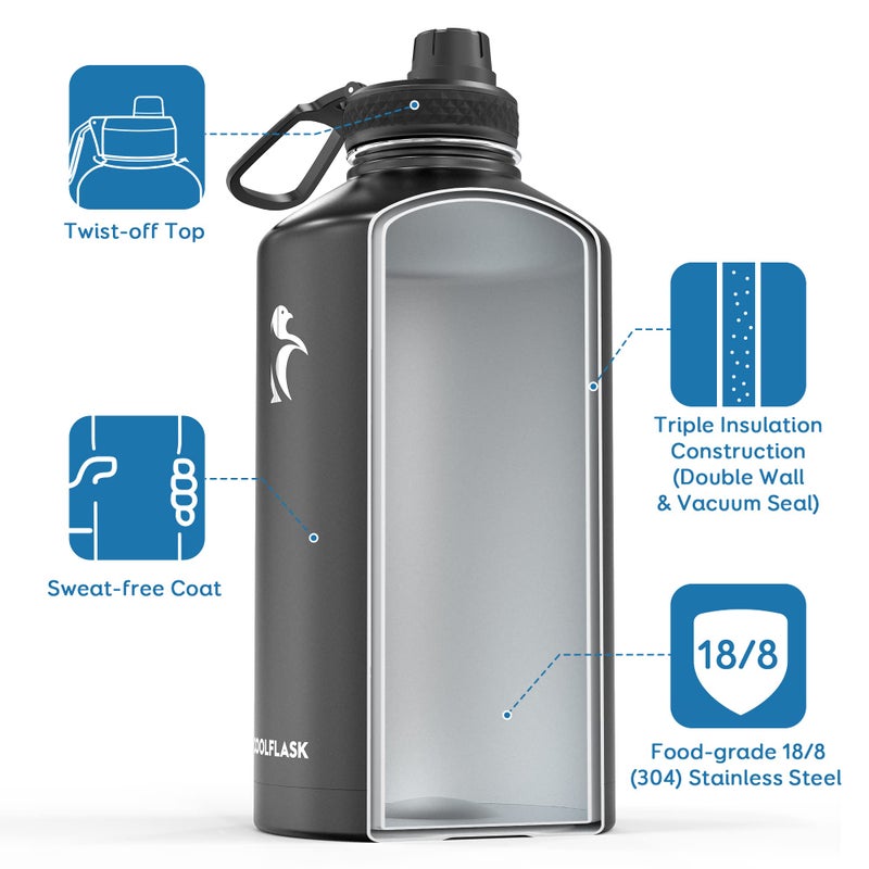 Coolflask Gallon Water Bottle Insulated with Straw&3 Lids, 128 oz Water Jug Large Stainless Steel Metal Vacuum Wide Mouth for Sports, Gym or Office, Non-BPA Keep Cold 48H Hot 24H, Magic Black - Image 2