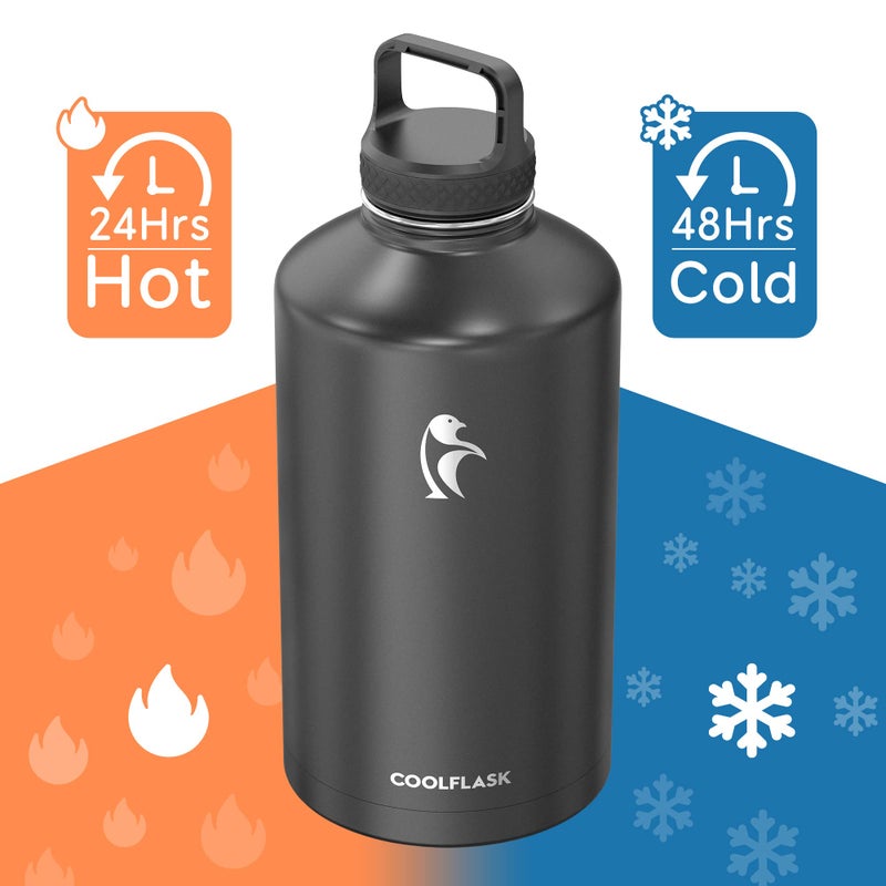 Coolflask Gallon Water Bottle Insulated with Straw&3 Lids, 128 oz Water Jug Large Stainless Steel Metal Vacuum Wide Mouth for Sports, Gym or Office, Non-BPA Keep Cold 48H Hot 24H, Magic Black - Image 3