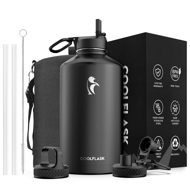 Coolflask Gallon Water Bottle Insulated with Straw&3 Lids, 128 oz Water Jug Large Stainless Steel Metal Vacuum Wide Mouth for Sports, Gym or Office, Non-BPA Keep Cold 48H Hot 24H, Magic Black - Image 1