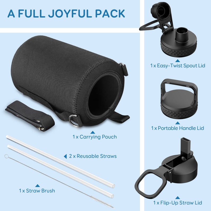 Coolflask Gallon Water Bottle Insulated with Straw&3 Lids, 128 oz Water Jug Large Stainless Steel Metal Vacuum Wide Mouth for Sports, Gym or Office, Non-BPA Keep Cold 48H Hot 24H, Magic Black - Image 5