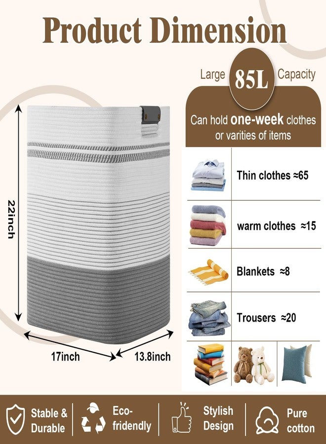 Degeyoyo Laundry Hamper, 85L Tall Laundry Basket with Leather Handles, Rectangle Large Clothes Hamper for Organizing, Cotton Woven Laundry Baskets Storage Hampers for Bedroom, Nursery, Living Room - Image 3